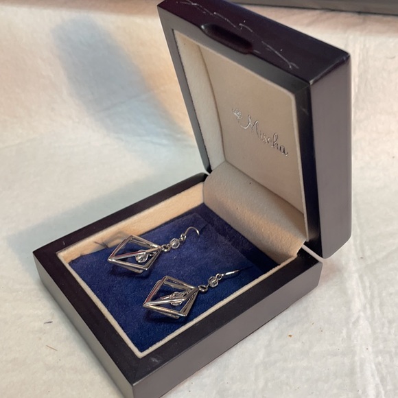 Mischa silver geometric cage drop earrings with crystals 2”. IOB - Picture 3 of 9